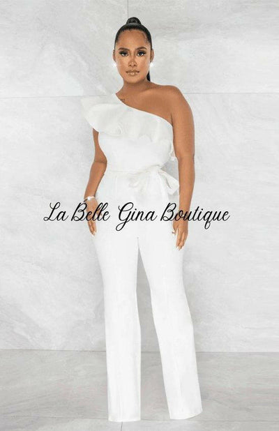 Jeanne one shoulder jumpsuit with belt-White - La Belle Gina Boutique