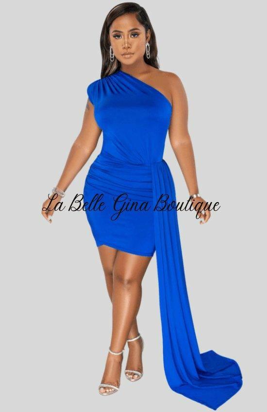 Julia One Shoulder Sleeveless Mid Skirt Dress Blue - La Belle Gina Boutique