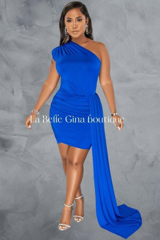 Julia One Shoulder Sleeveless Mid Skirt Dress Blue - La Belle Gina Boutique