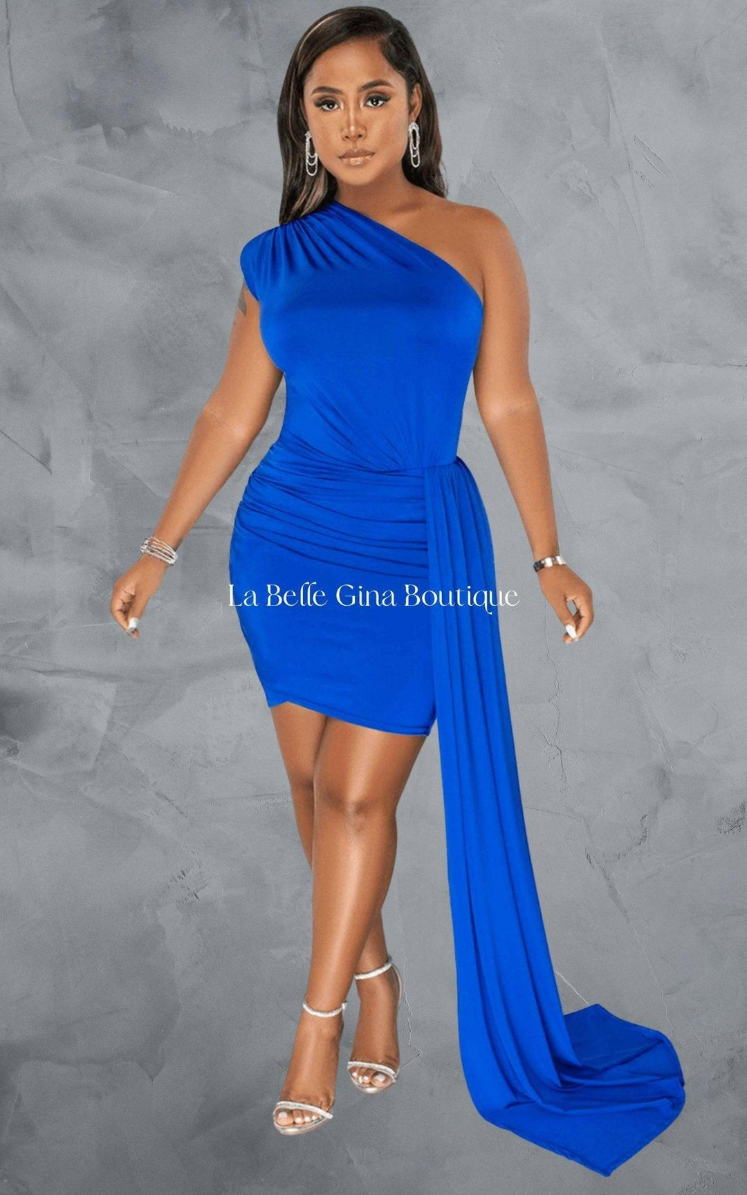 Julia One Shoulder Sleeveless Mid Skirt Dress Blue - La Belle Gina Boutique