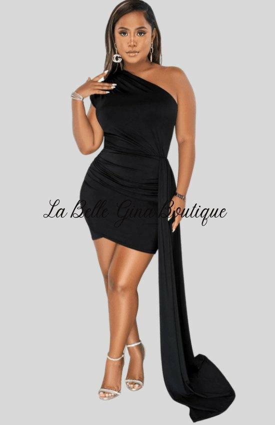 Julia One Shoulder Sleveless Mid Skirt Dress Black - La Belle Gina Boutique