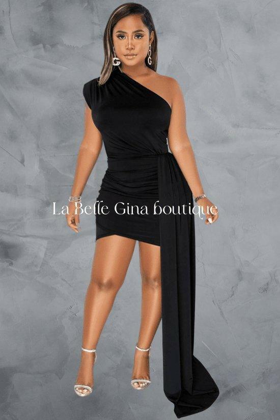 Julia One Shoulder Sleveless Mid Skirt Dress Black - La Belle Gina Boutique