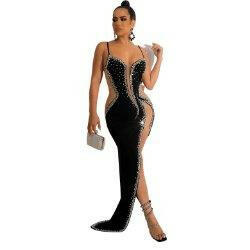 Julie hot diamond Sleeveless V-neck strap maxi dress-Wine-red - La Belle Gina Boutique