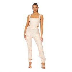 Juliette Corset Sleeveless Top and Matching Cargo Pants Set- Cream - La Belle Gina Boutique
