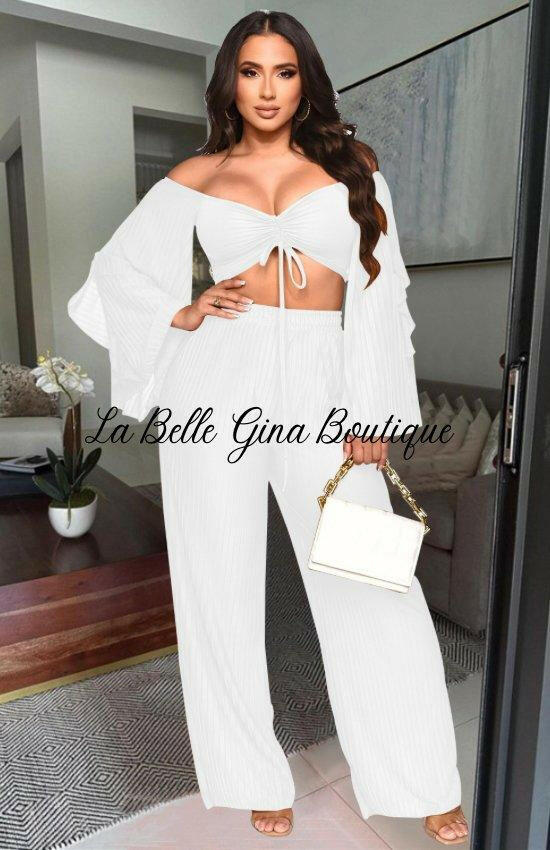 Juliette Long Sleeve Crop Top And Pants Set- white - La Belle Gina Boutique