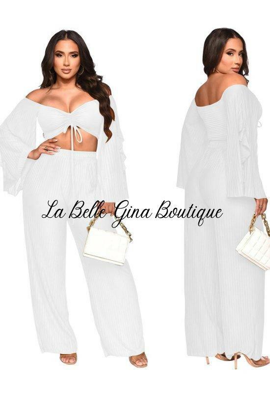 Juliette Long Sleeve Crop Top And Pants Set- white - La Belle Gina Boutique