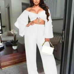 Juliette Long Sleeve Crop Top And Pants Set- white - La Belle Gina Boutique