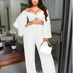 Juliette Long Sleeve Crop Top And Pants Set- white - La Belle Gina Boutique