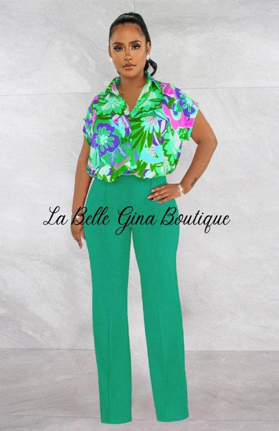 Juliette Printed Shirt Straight Leg Pants Set-Green - La Belle Gina Boutique