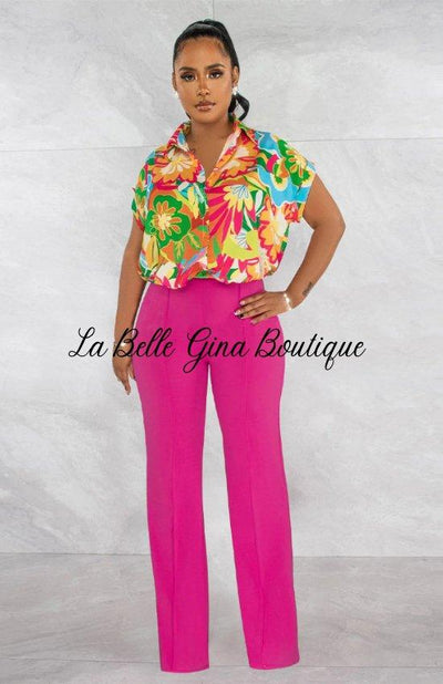Juliette Printed Shirt Straight Leg Pants Set-Rose Red - La Belle Gina Boutique