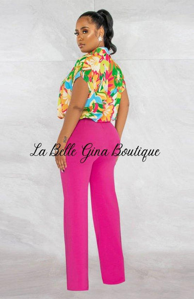 Juliette Printed Shirt Straight Leg Pants Set-Rose Red - La Belle Gina Boutique
