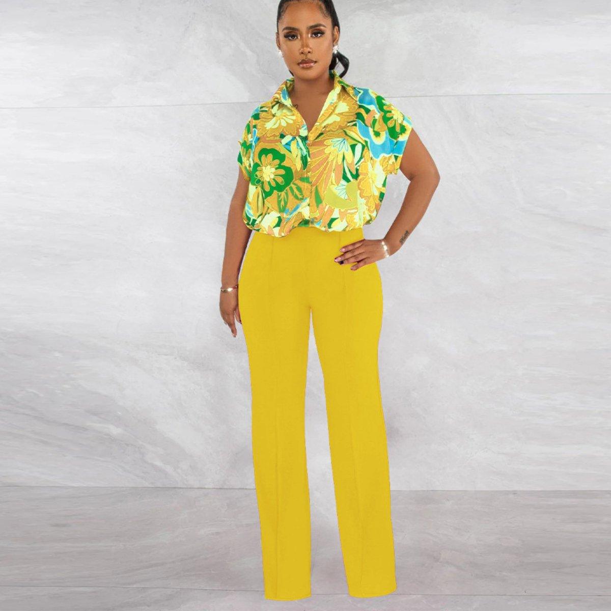 Juliette Printed Shirt Straight Leg Pants Set-Yellow - La Belle Gina Boutique
