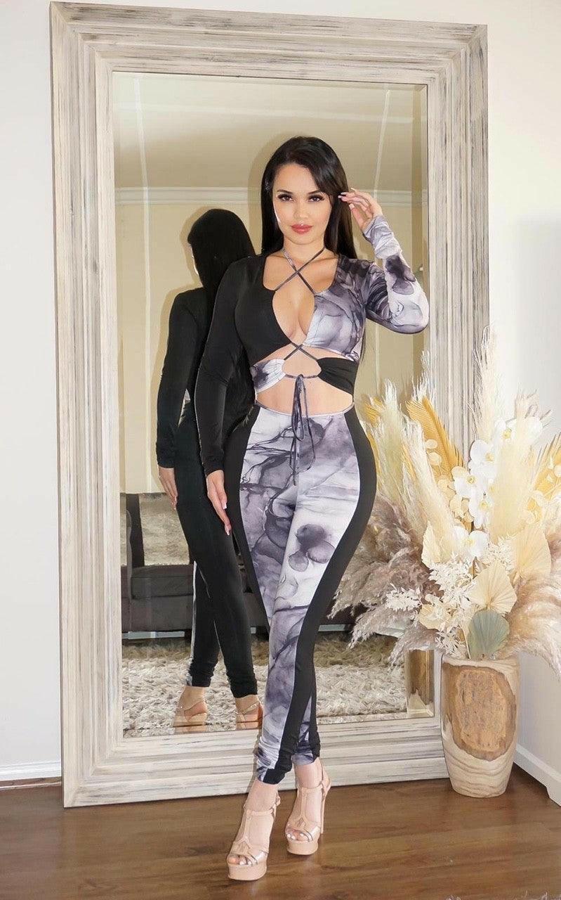 JUNE long sleeves with marble print jumpsuit - La Belle Gina Boutique