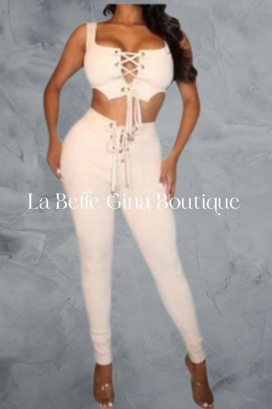 JUNE open lace up crop top with legging set - La Belle Gina Boutique