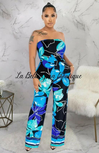 June Sleeveless Printed Jumpsuit-Blue - La Belle Gina Boutique