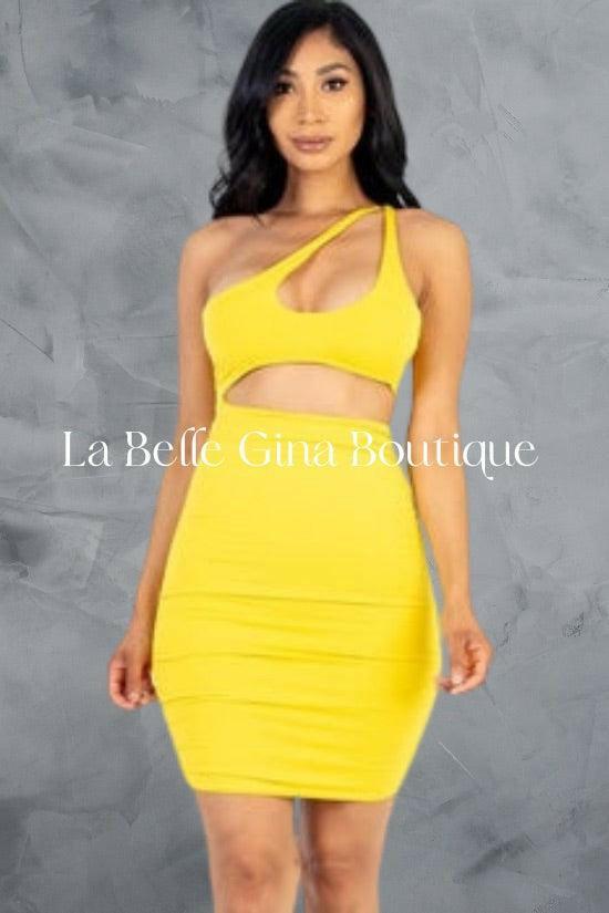 Kalie one shoulder cut-out front rucked mini dress. - La Belle Gina Boutique