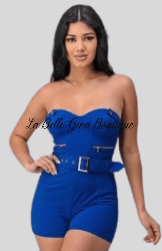Kame royal blue romper with belt - La Belle Gina Boutique