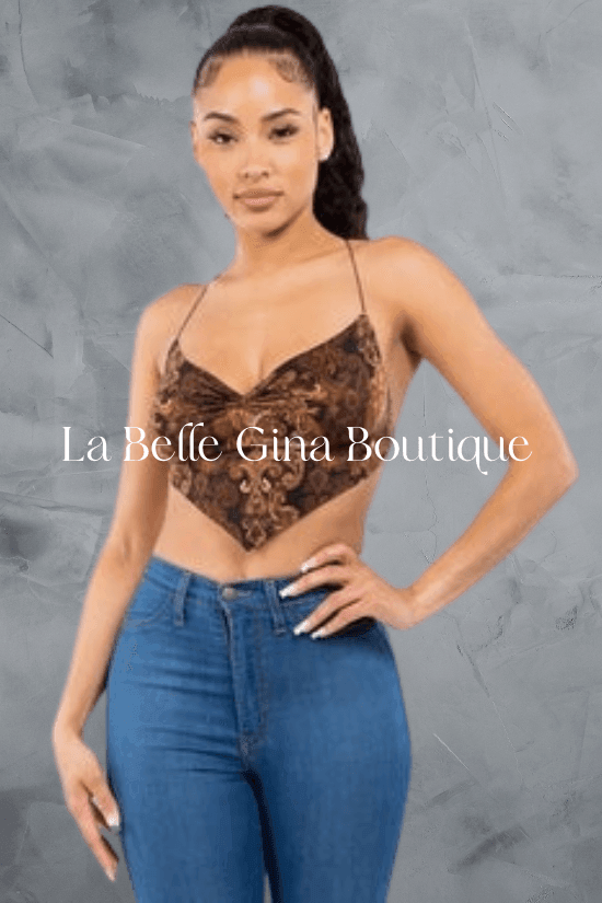 Kate sleeveless baroque printed crop top with crisscross open back. - La Belle Gina Boutique