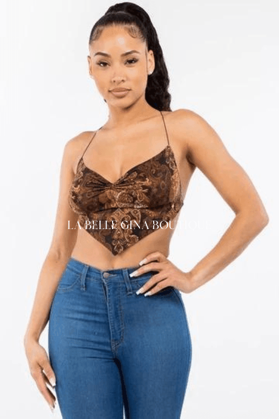 Kate sleeveless baroque printed crop top with crisscross open back. - La Belle Gina Boutique