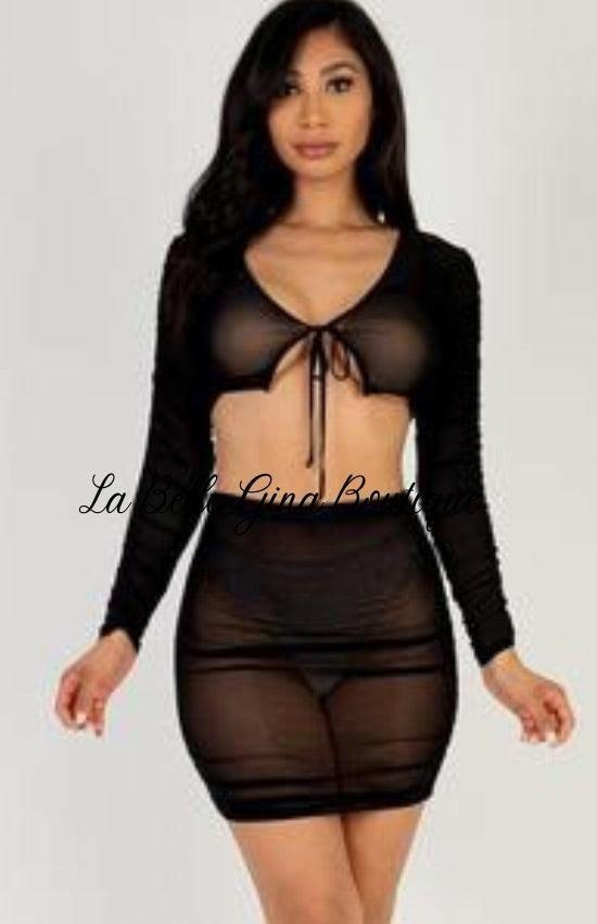 Kay sheer mesh tie front crop top and rushed side mini sets. - La Belle Gina Boutique