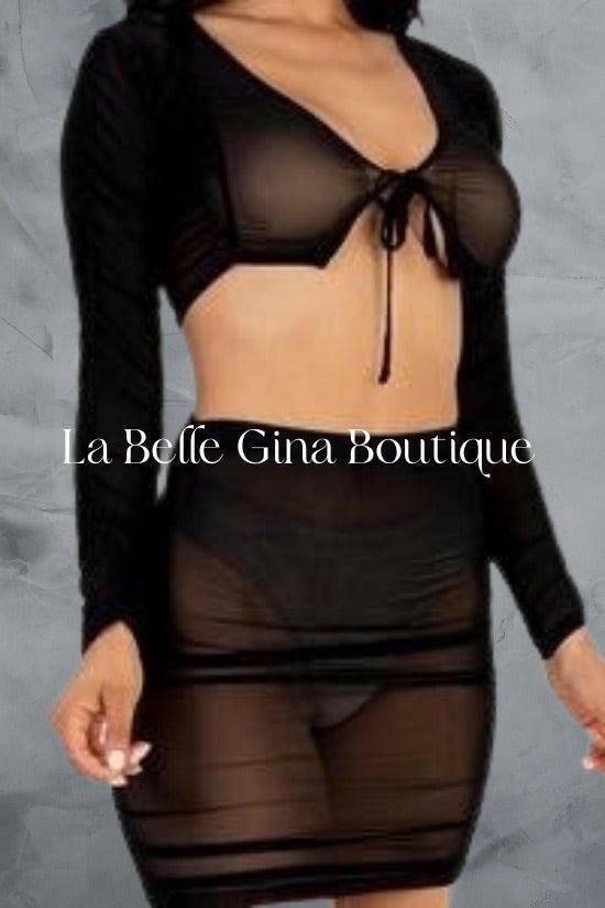 Kay sheer mesh tie front crop top and rushed side mini sets. - La Belle Gina Boutique