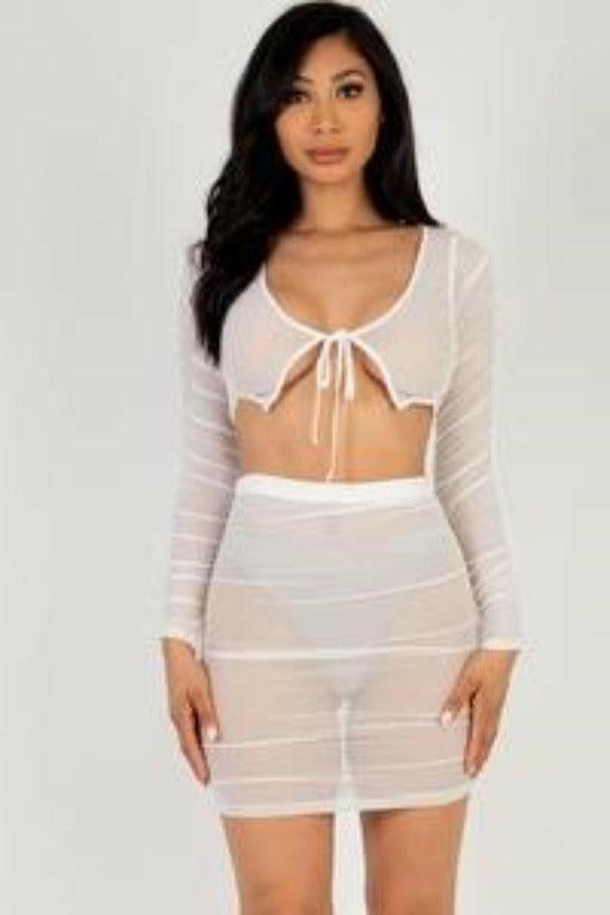 Kay sheer mesh tie front crop top and rushed side mini sets. - La Belle Gina Boutique