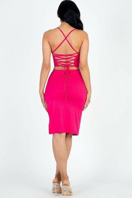 Kayla color crisscross back Cami crop top and split thigh set - La Belle Gina Boutique
