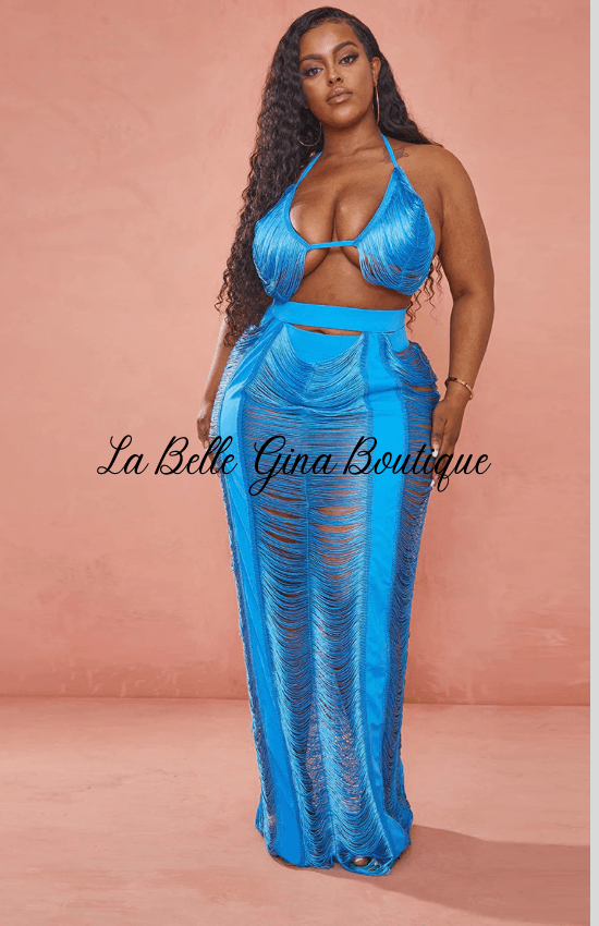 LABADEE Cutout fringe beachwear Two-piece set-Blue - La Belle Gina Boutique