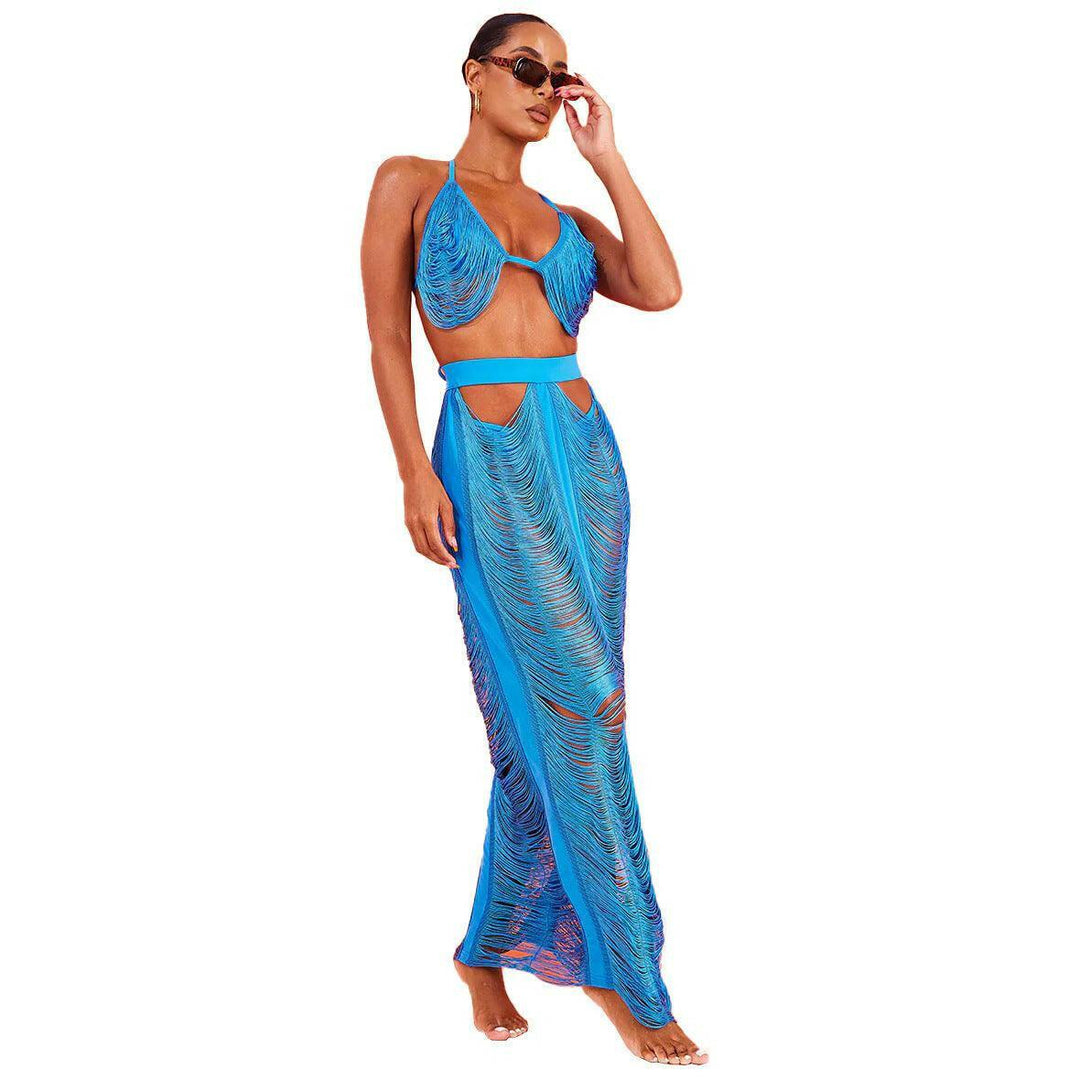 LABADEE Cutout fringe beachwear Two-piece set-Blue - La Belle Gina Boutique