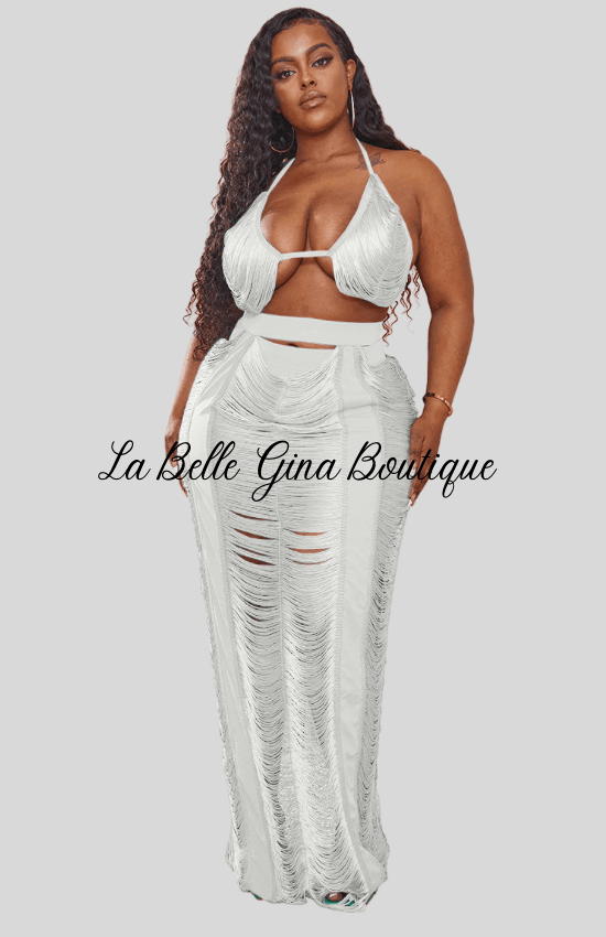 LABADEE Cutout fringe Beachwear Two-piece set-White - La Belle Gina Boutique