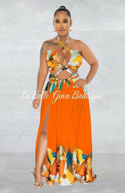 Lara Lace-up Sleeveless Breast Wrap Maxi Dress-Orange - La Belle Gina Boutique