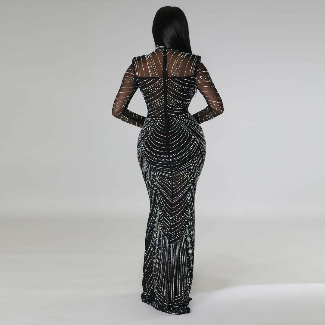 Lidia See-Through cut out long sleeves maxi dress-black - La Belle Gina Boutique