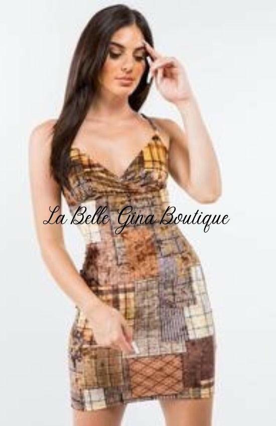 Lidia sleeveless plaid patchwork print velvet mini dress-Brown - La Belle Gina Boutique