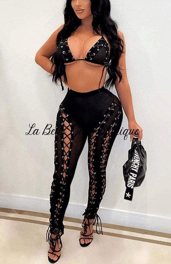 Lola Lace down mesh leggings and bralette set. - La Belle Gina Boutique