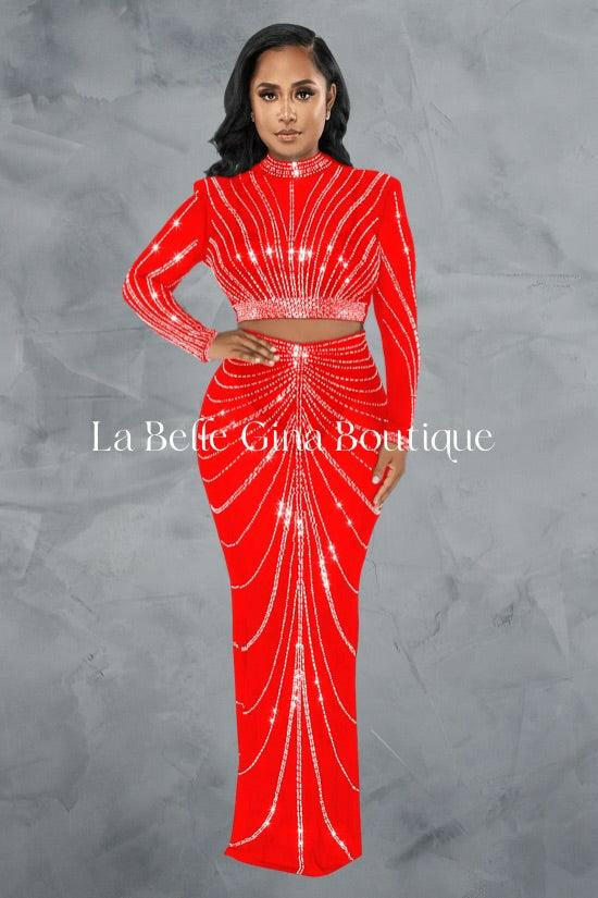 Lora rhinestones sheer red set - La Belle Gina Boutique