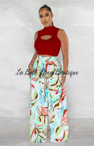 Lora sleeveless round neck cropped top printed wide leg pants Set-Red - La Belle Gina Boutique