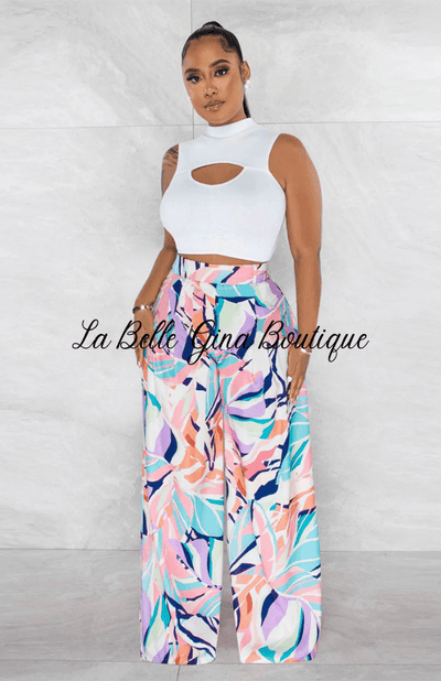 Lora sleeveless round neck cropped top printed wide leg pants Set-White - La Belle Gina Boutique