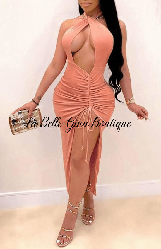 MALIA lace up slit long dress - La Belle Gina Boutique