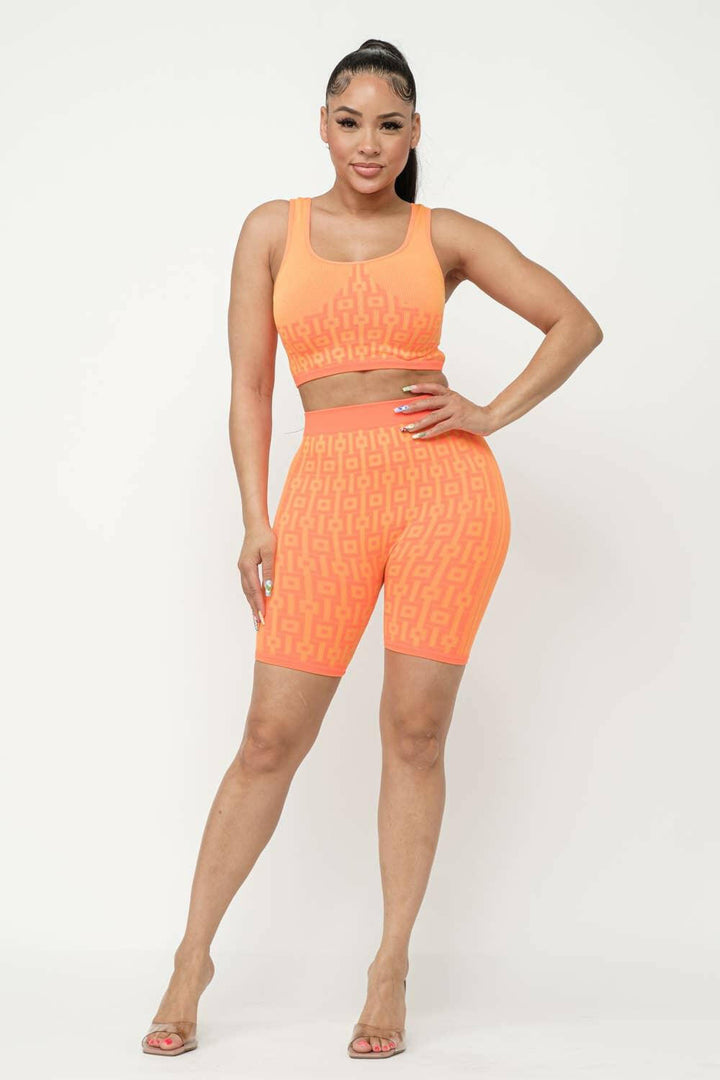 Marlie seamless print tank top and shorts set-Neon Orange - La Belle Gina Boutique