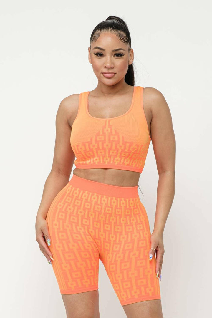 Marlie seamless print tank top and shorts set-Neon Orange - La Belle Gina Boutique