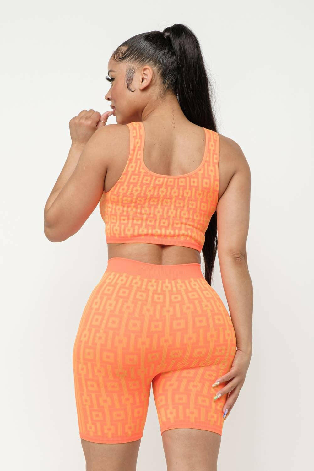 Marlie seamless print tank top and shorts set-Neon Orange - La Belle Gina Boutique