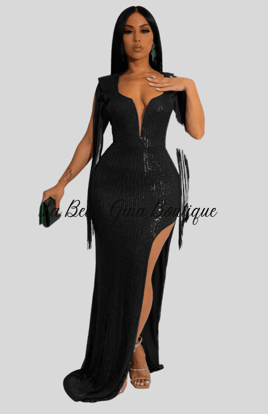 Marthe beaded fringe sleeveless maxi dress-black - La Belle Gina Boutique