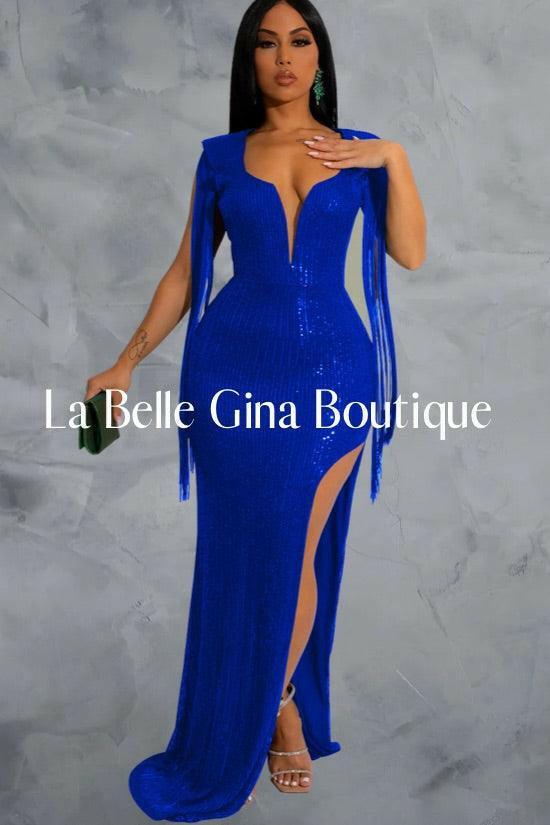 Marthe beaded fringe sleeveless maxi dress-blue - La Belle Gina Boutique