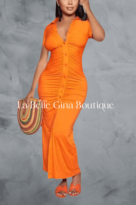 MYA V neck pleated button dress - La Belle Gina Boutique