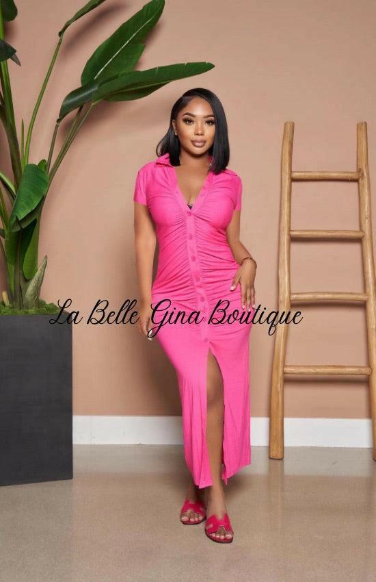 MYA V neck pleated button dress - La Belle Gina Boutique