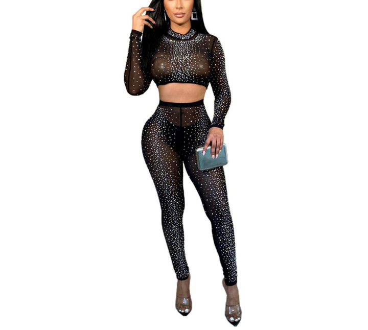 NELLE mesh sheer rhinestone crop top leggings matching set - La Belle Gina Boutique