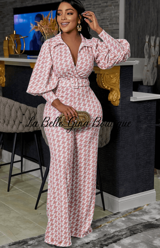 Nellie casual tight V-neck puff sleeve long sleeves wide leg pants set - La Belle Gina Boutique