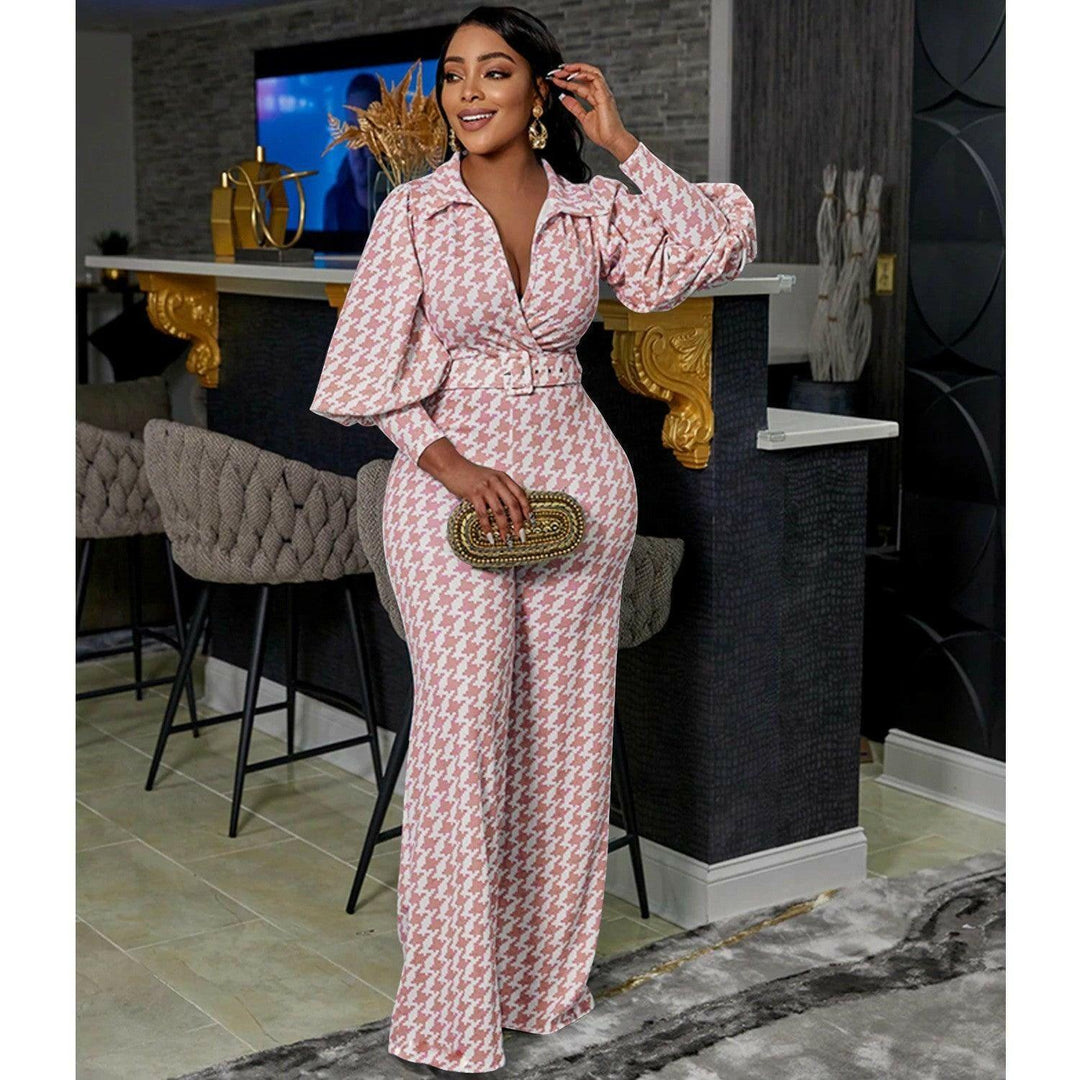 Nellie casual tight V-neck puff sleeve long sleeves wide leg pants set - La Belle Gina Boutique