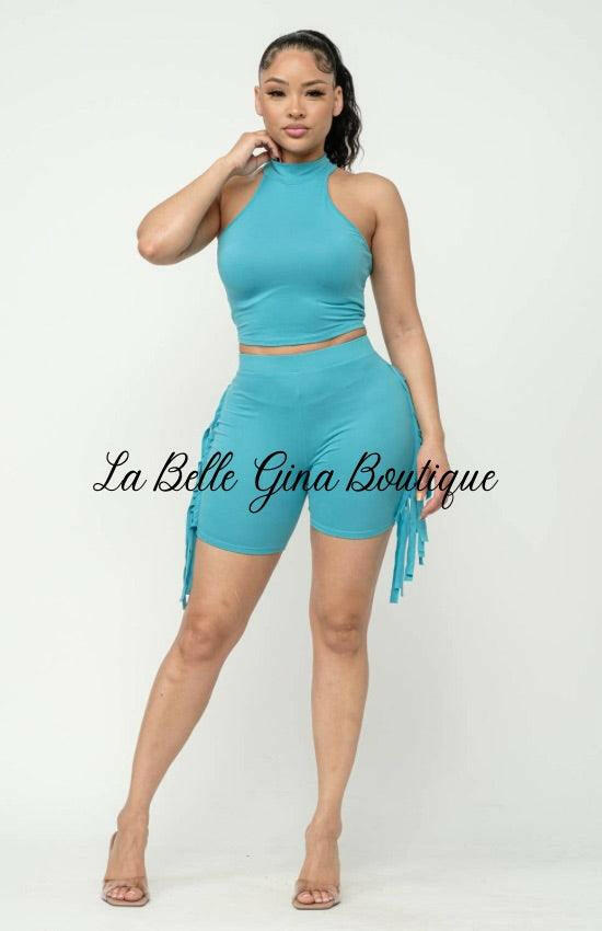 Nellie Mock Neck Crop Top And Side Laser Cut Short Set-Jade - La Belle Gina Boutique