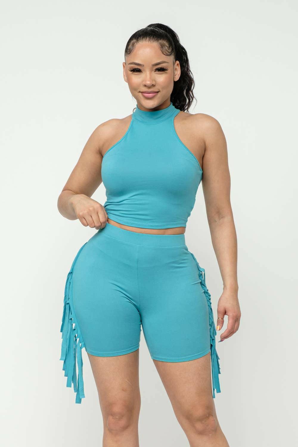 Nellie Mock Neck Crop Top And Side Laser Cut Short Set-Jade - La Belle Gina Boutique